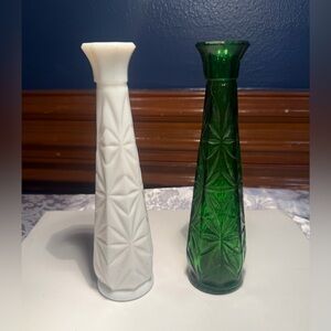 Anchor Hocking Prescut pressed glass bud vases, milk glass, Forest Green glass